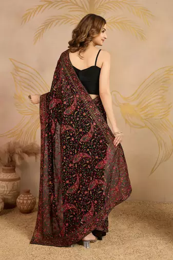 Black Georgette Multi Resham Thread Embroidered Saree with Unstitched Blouse