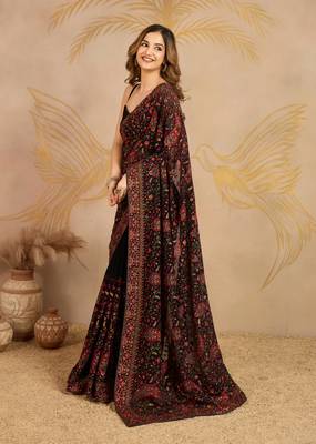 Black Georgette Multi Resham Thread Embroidered Saree with Unstitched Blouse 6