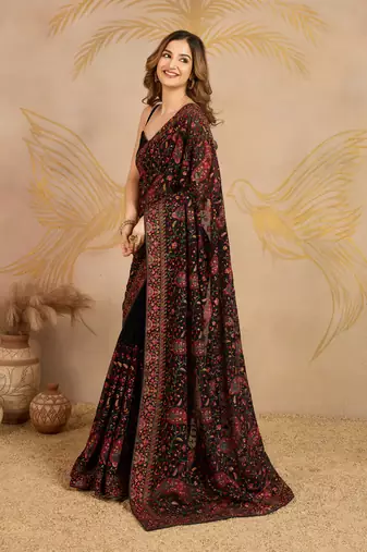 Black Georgette Multi Resham Thread Embroidered Saree with Unstitched Blouse
