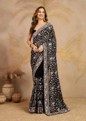 Georgette Multi Resham Thread Embroidered Saree with Unstitched Blouse 1
