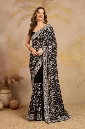 Georgette Multi Resham Thread Embroidered Saree with Unstitched Blouse