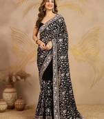 Trendmalls Georgette Multi Resham Thread Embroidered Saree with Unstitched Blouse