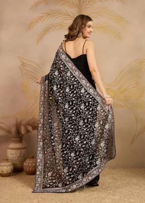 Georgette Multi Resham Thread Embroidered Saree with Unstitched Blouse 2