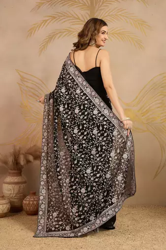Georgette Multi Resham Thread Embroidered Saree with Unstitched Blouse