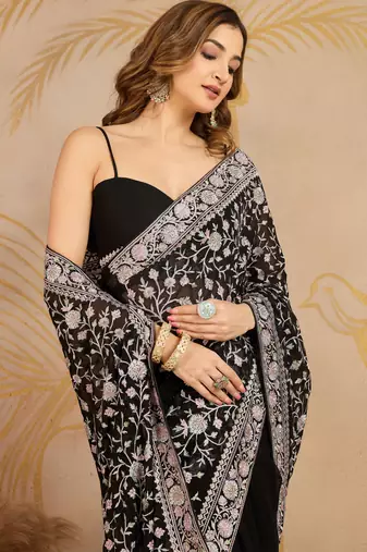 Georgette Multi Resham Thread Embroidered Saree with Unstitched Blouse