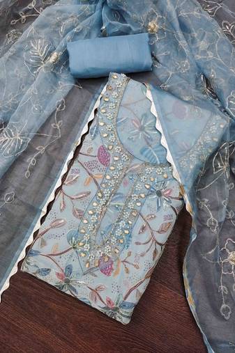 Women's blue viscose organza handwork unstitched dress material