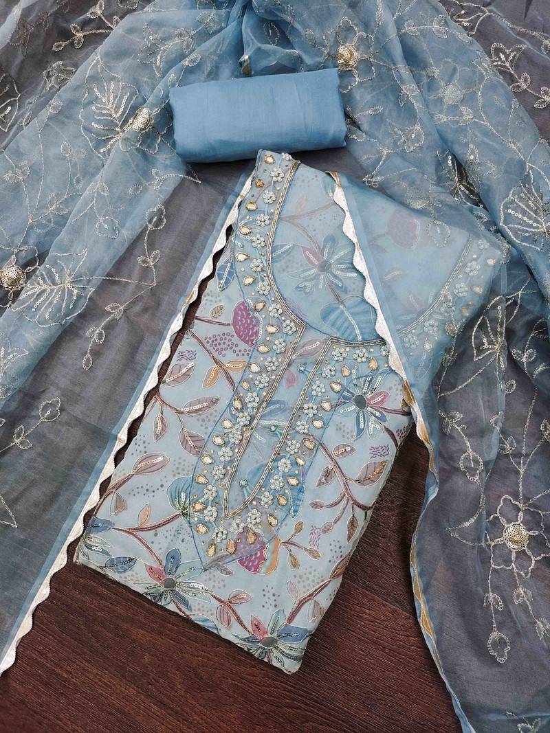 Women's blue viscose organza handwork unstitched dress material