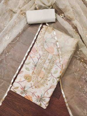 Women's cream viscose organza handwork unstitched dress material 1