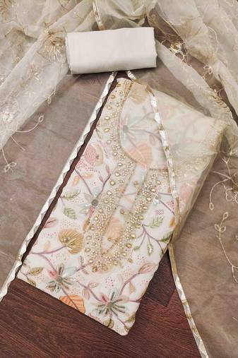 Women's cream viscose organza handwork unstitched dress material