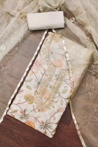 Women's cream viscose organza handwork unstitched dress material