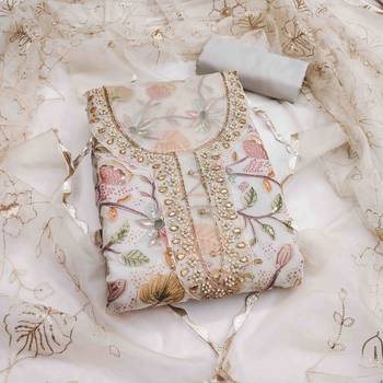 Women's cream viscose organza handwork unstitched dress material 2