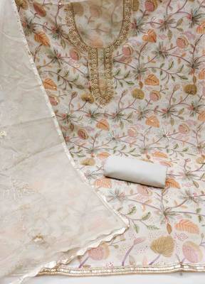 Women's cream viscose organza handwork unstitched dress material 3