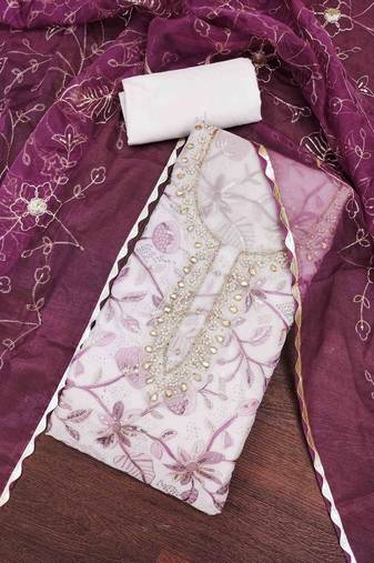 Women's wine viscose organza handwork unstitched dress material