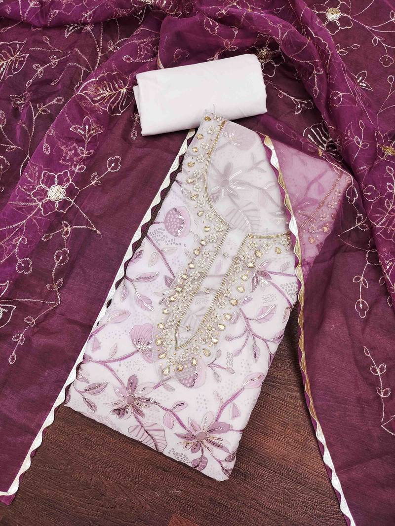 Women's wine viscose organza handwork unstitched dress material