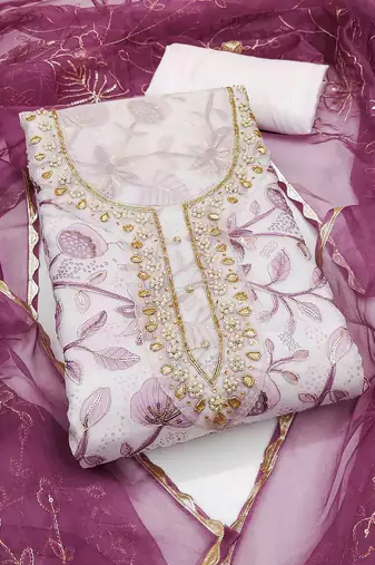 Women's wine viscose organza handwork unstitched dress material