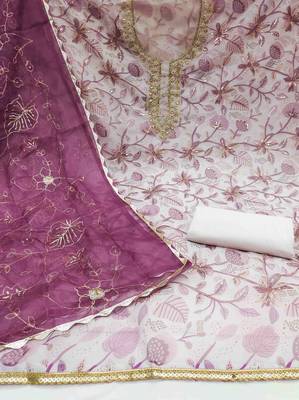 Women's wine viscose organza handwork unstitched dress material 3