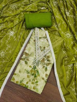 Women's parrot green banarasi cotton print handwork unstitched dress material 1