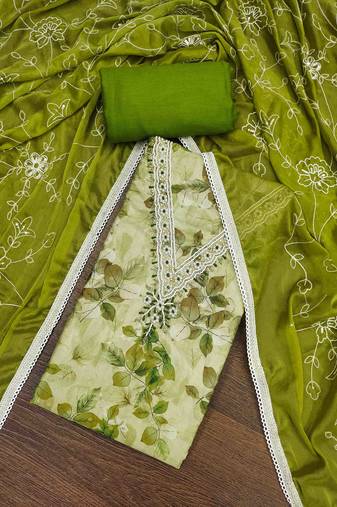 Women's parrot green banarasi cotton print handwork unstitched dress material