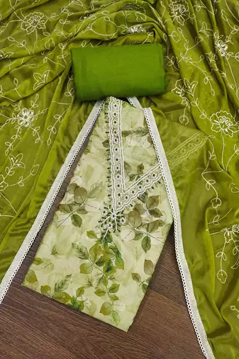 Women's parrot green banarasi cotton print handwork unstitched dress material