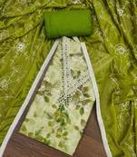 Women's parrot green banarasi cotton print handwork unstitched dress material