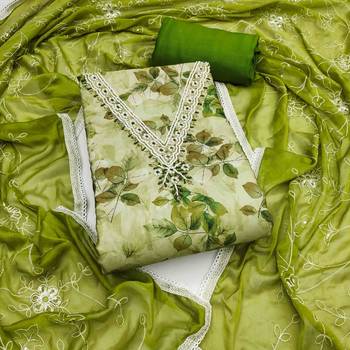 Women's parrot green banarasi cotton print handwork unstitched dress material 2