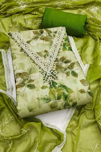 Women's parrot green banarasi cotton print handwork unstitched dress material
