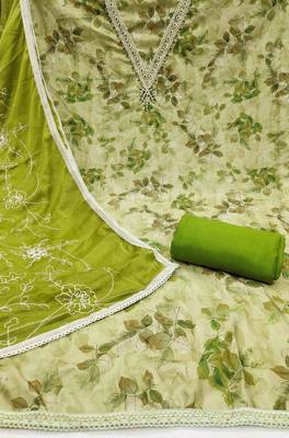 Women's parrot green banarasi cotton print handwork unstitched dress material 3