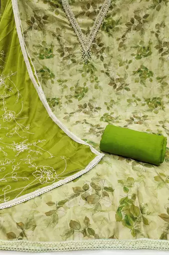 Women's parrot green banarasi cotton print handwork unstitched dress material