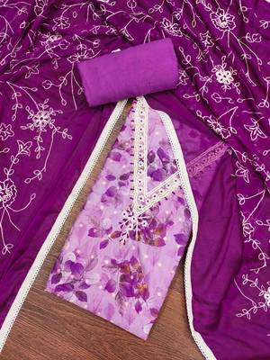Women's purple banarasi cotton print handwork unstitched dress material 1