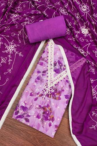 Women's purple banarasi cotton print handwork unstitched dress material