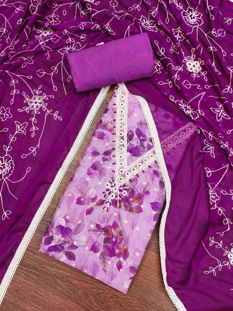 Women's purple banarasi cotton print handwork unstitched dress material