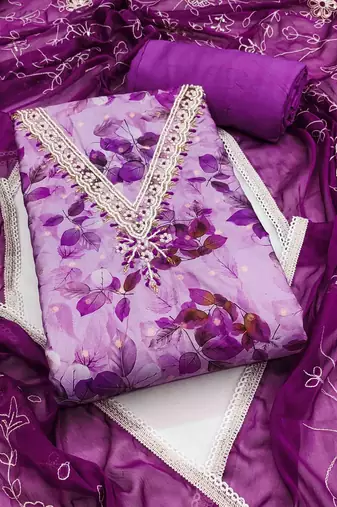 Women's purple banarasi cotton print handwork unstitched dress material
