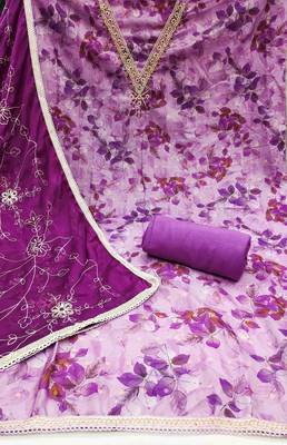 Women's purple banarasi cotton print handwork unstitched dress material 3