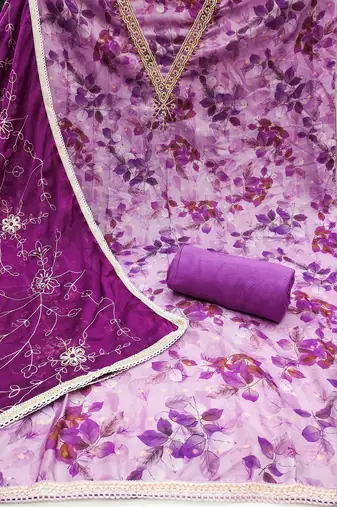 Women's purple banarasi cotton print handwork unstitched dress material