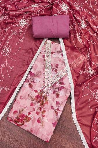 Women's onion banarasi cotton print handwork unstitched dress material