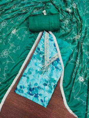 Women's turquoise banarasi cotton print handwork unstitched dress material 1