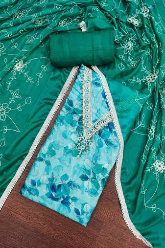 Women's turquoise banarasi cotton print handwork unstitched dress material