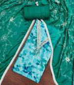 Women's turquoise banarasi cotton print handwork unstitched dress material