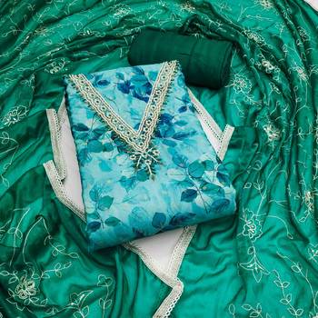 Women's turquoise banarasi cotton print handwork unstitched dress material 2