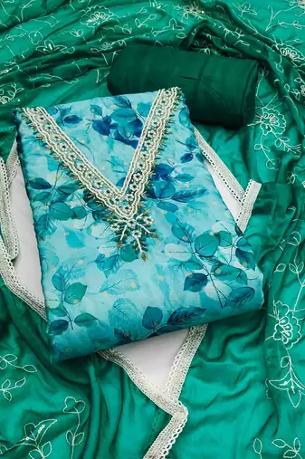 Women's turquoise banarasi cotton print handwork unstitched dress material