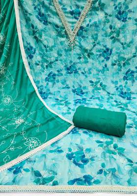 Women's turquoise banarasi cotton print handwork unstitched dress material 3