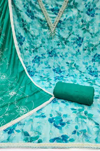 Women's turquoise banarasi cotton print handwork unstitched dress material