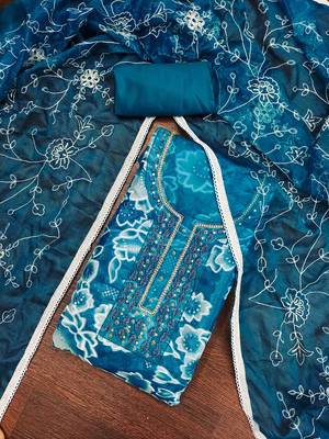 Women's teal organza print handwork unstitched dress material 1