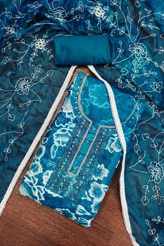 Women's teal organza print handwork unstitched dress material