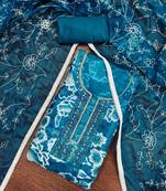 Women's teal organza print handwork unstitched dress material