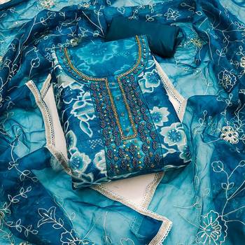 Women's teal organza print handwork unstitched dress material 2