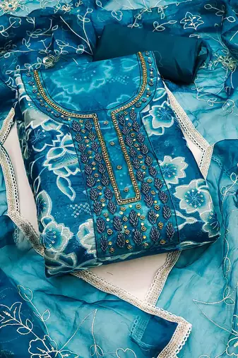 Women's teal organza print handwork unstitched dress material