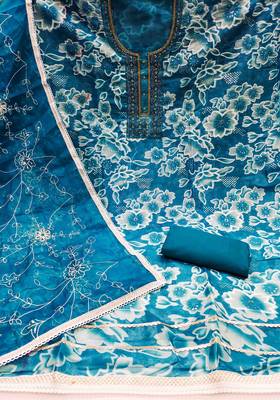 Women's teal organza print handwork unstitched dress material 3