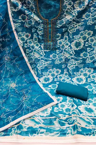 Women's teal organza print handwork unstitched dress material
