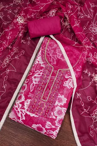 Women's magenta organza print handwork unstitched dress material